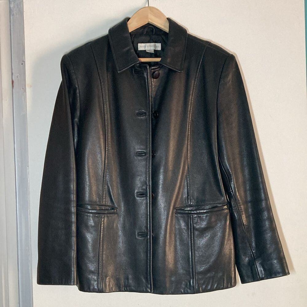 Petite Sophisticate Womens Black Leather Blazer Jacket Size SP Button Front